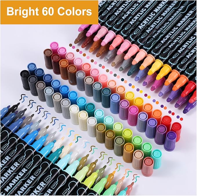 60 Colors Waterproof Dual Tip Acrylic Paint Markers, Dot & Fine Tip Premium Coloring Markers Set for Rock, Glass, Wood, Ceramic Surfaces and DIY Crafts Making Art Supplies
