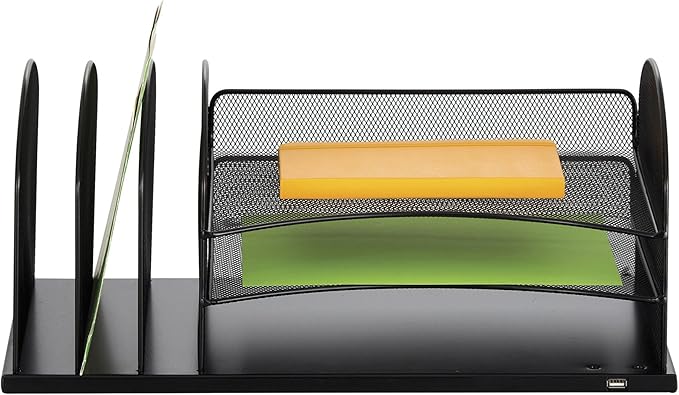 Safco Products 3231BL Onyx Desktop Organizer with USB Charging Port, 3 Section File Sorter, 3 Paper Trays, Durable Steel Construction, Black