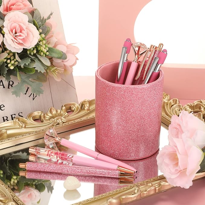 Sabary 8 Pcs Ballpoint Pens with Pen Holder for Desk Glitter Crystal Diamond Fancy Pencil Holder Bling Desk Organizer Cute Office Supplies for Women Girls Valentines Birthday Gifts(Pink)