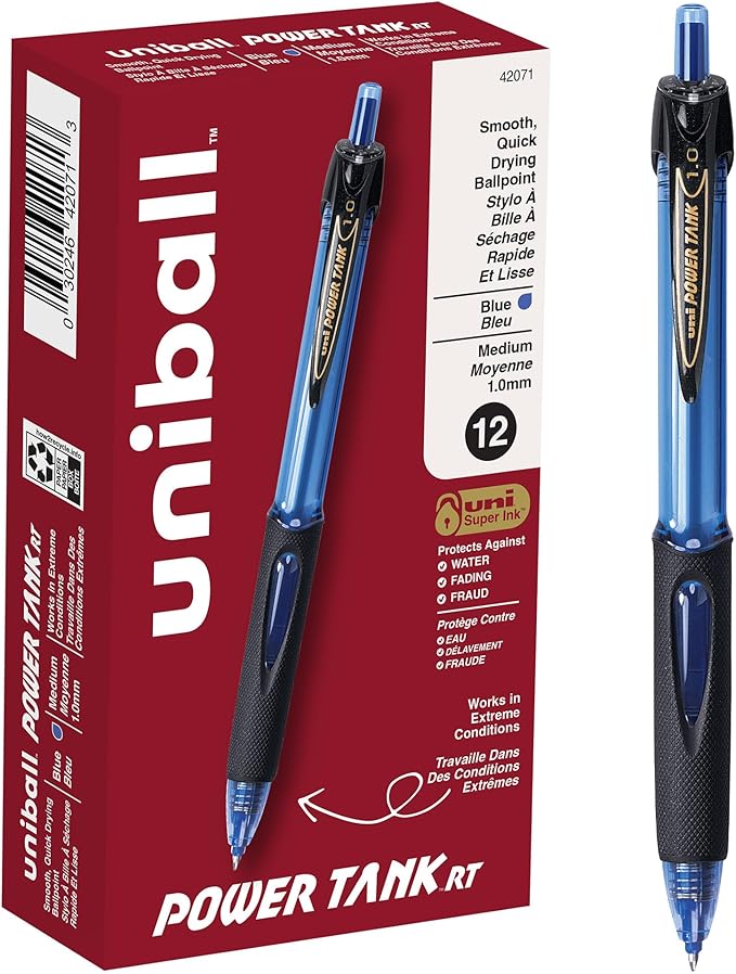 uniball Power Tank Rt Ballpoint Pen, Retractable, Bold 1 Mm, Blue Ink, Translucent Blue Barrel, Dozen