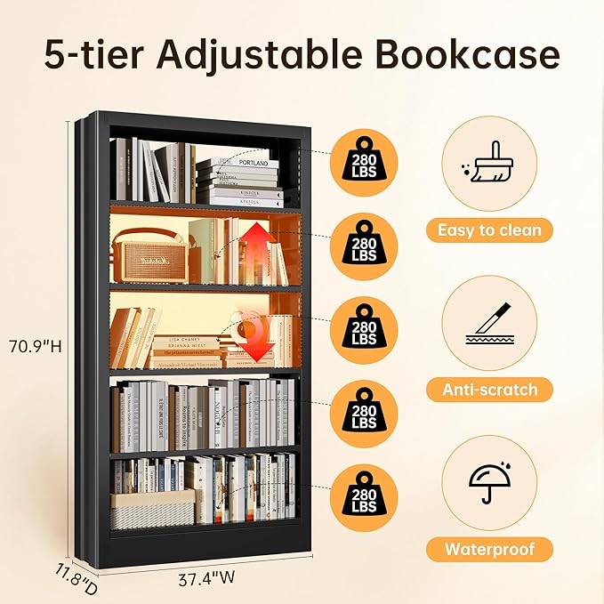 5-Tier Bookcase with Adjustable Storage Shelves, Metal Bookshelf with Book Stopper, Bookcase Shelf for Library, Office, Living Room