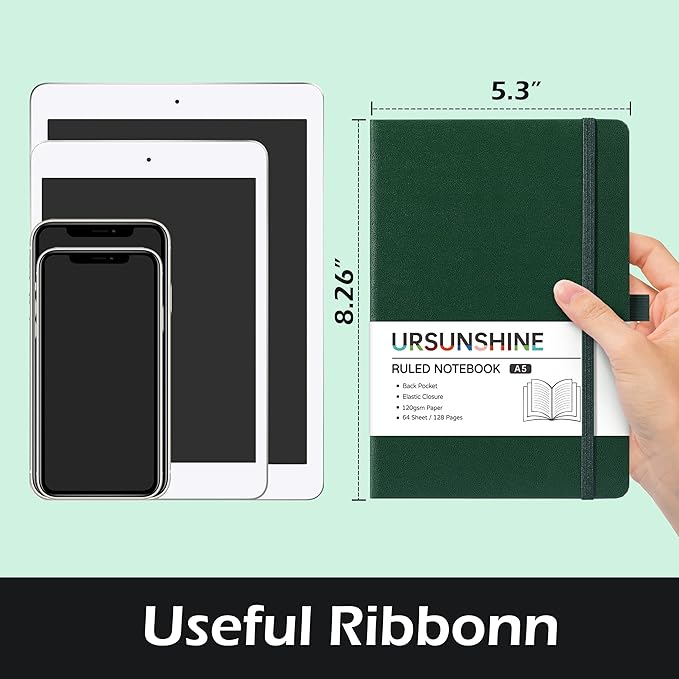 Ruled Notebook/Journal - Classic Lined Journal/Notebook, 5.3'' x 8.26'', Hardcover with Thick Paper, Banded + Pen Holder +Inner Pocket - Turquoise