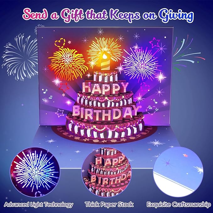 INPHER Birthday Cards Fireworks Pop Up Cake Light and Music Happy Birthday Gifts Decorations for Women, Men, Mom, Grandma