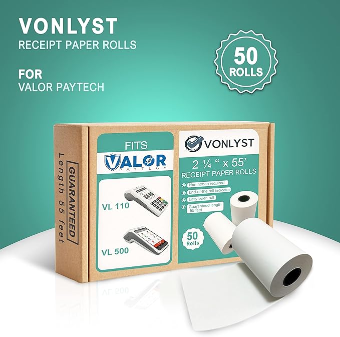 Receipt Paper Roll for Valor Paytech VL 110 and VL 500 Credit Card Machine (50 Rolls)