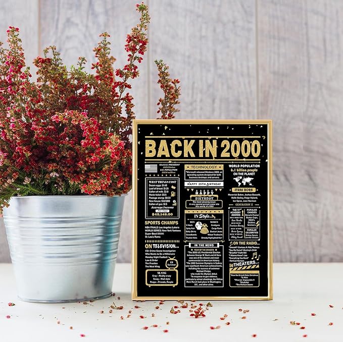25th Birthday Card, 25th Birthday Decorations for Her Him, 25th Birthday Gifts for Daughter Son, Back in 2000 Birthday Card, Black Gold