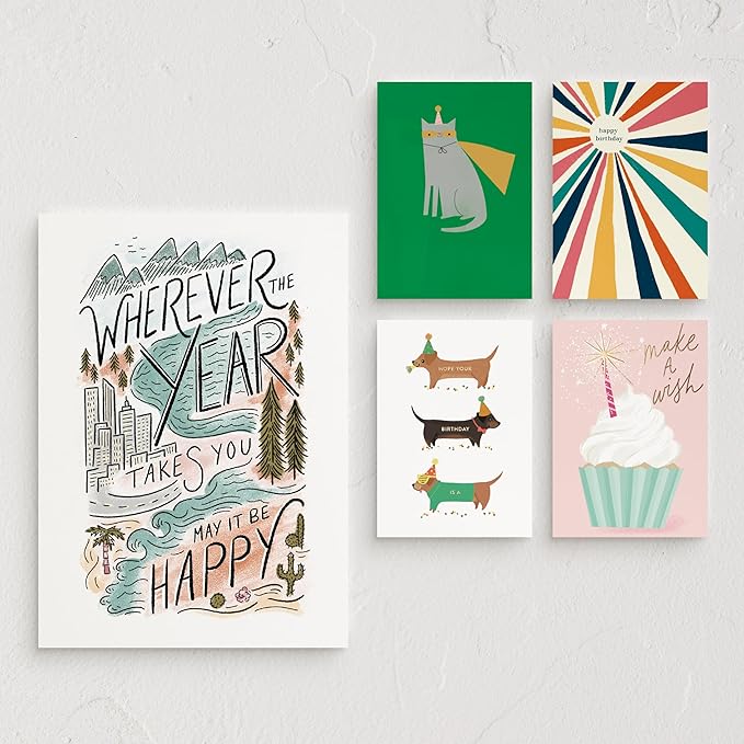 Minted Birthday Greeting Cards Pack, Birthday Cards Variety Pack, Stylish & Curated Foldable Happy Birthday Cards with Envelopes, Blank & Messages Inside, Designed by Independent Artists, Set of 5