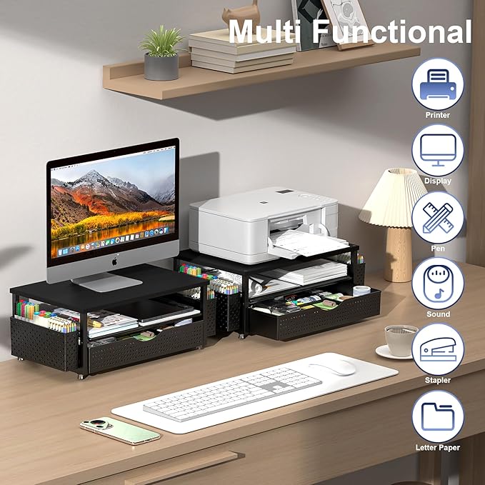 Desk Organizer and Accessories, Computer Monitor Stand Riser with Drawer and 2 Pen Holders, Office Desk Accessories & Workspace Organizers for Office Supplies (Black)