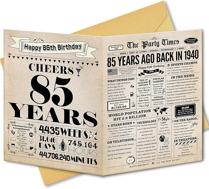 85th Birthday Card, 85th Birthday Decorations for Women Men, 85th Birthday Gifts for Grandma Grandpa, Back in 1940 Birthday Card