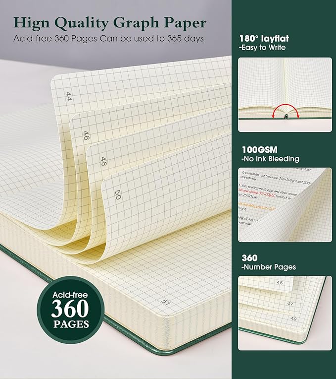 Graph Paper Notebook Journal, 360 Numbered Pages Grid Notebooks 8.5 x 11, Thick 100gsm Paper Graphing Notebook Journals for Women Men, A4 Large Hardcover Graph Leather Notebook Green