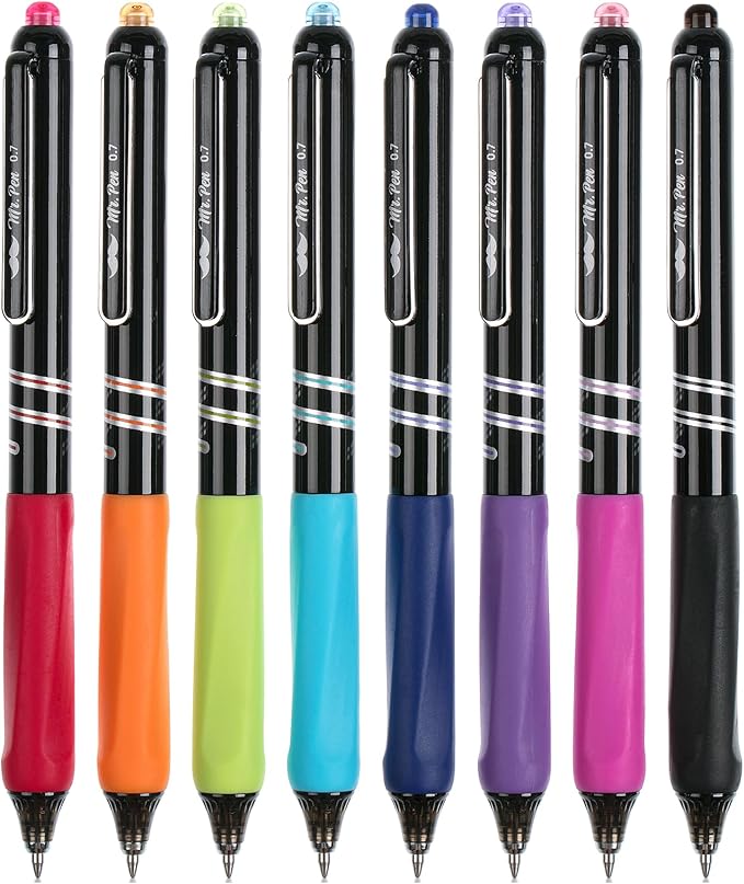 Mr. Pen- Retractable Gel Pens, 8 Pack, Vibrant Barrels, Fast Dry, Colorful Ink Gel Pens Fine Point 0.7mm