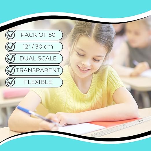 NOKKO Rulers Bulk for Classroom - Pack of 50 - Clear Plastic Ruler 12 Inch / 30 cm - Transparent School Ruler with Inches and Centimeters - Back to School Supplies for Kids, Students and Teachers