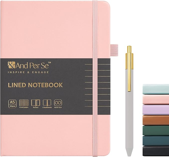 A5 Lined Leather Journal and Pen Set, Hardcover Notebook with Pen, 160 Pages 100gsm Thick Ruled Paper for Men Women, for Work, Business, School or Home Writing, 5.7'' x 8'' (Pink-Set1)