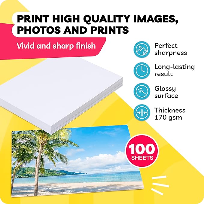 Glossy Photo Paper For Printer 8.5 x 11" - (100 Sheets) - Works with Inkjet Printer, Easy to Use, Premium Picture Paper