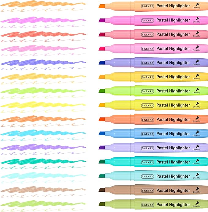 Shuttle Art Highlighters, 15 Colors Pastel Highlighter Pens Assorted Colors, Chisel Tip Dry-Quickly Non-Toxic Highlighter Markers for Adults Kids Highlighting in the Home School Office