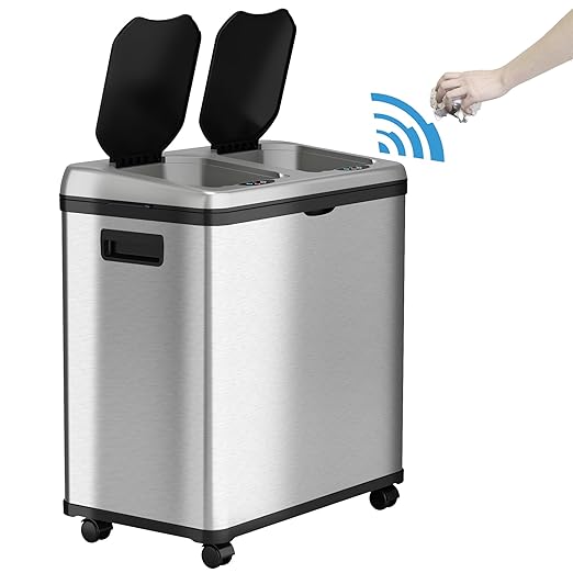 iTouchless 16 Gallon Touchless Sensor Trash Can and Recycle Bin with Wheels, 60 Liter Stainless Steel Dual-Compartment (2 x 8 Gallon) Kitchen Recycling and Garbage Trashcan