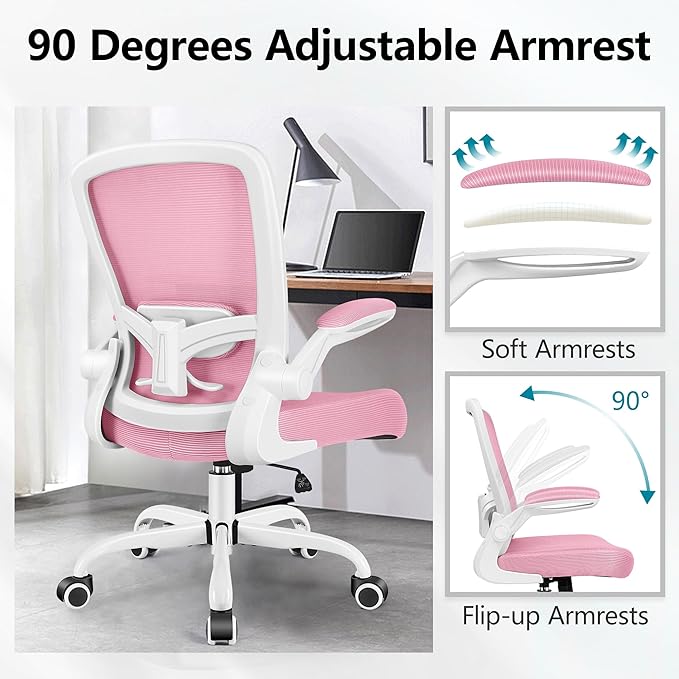 FelixKing Office Chair, Ergonomic Desk Chair Breathable Mesh Chairs with Adjustable High Back Lumbar Support Flip-up Armrests, Executive Swivel Comfy Task Computer Chairs for Home Office Pink