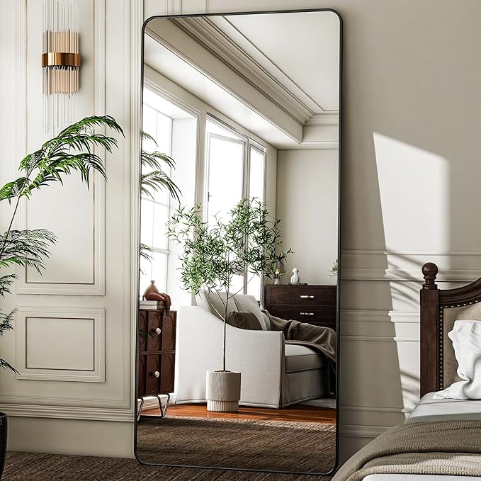 HARRITPURE 71x32 inch Rounded Full Length Mirror Aluminum Frame Black Mirror Full Length Floor Mirror with Stand for Living Room Bedroom Cloakroom