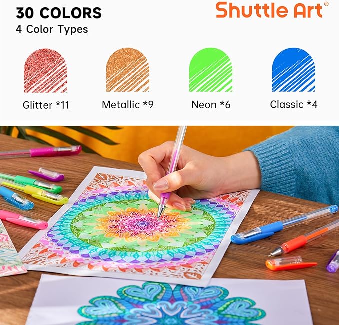 Shuttle Art Gel Pens, 60 Pack Gel Pen Set 30 Colored Gel Pen with 30 Refills for Adults Coloring Books Drawing Doodling Crafts Scrapbooking Journaling