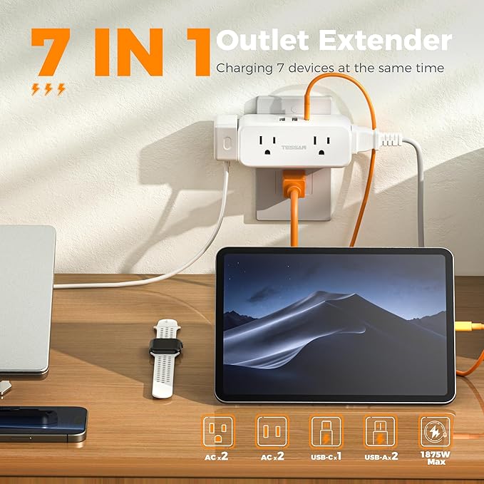 Outlet Extender Surge Protector, TESSAN Multi Plug Splitter with 4 Electrical Outlets 3 USB Ports (1 USB C), Multiple Wall Plug Expander for Home Office Kitchen Dorm Room, White