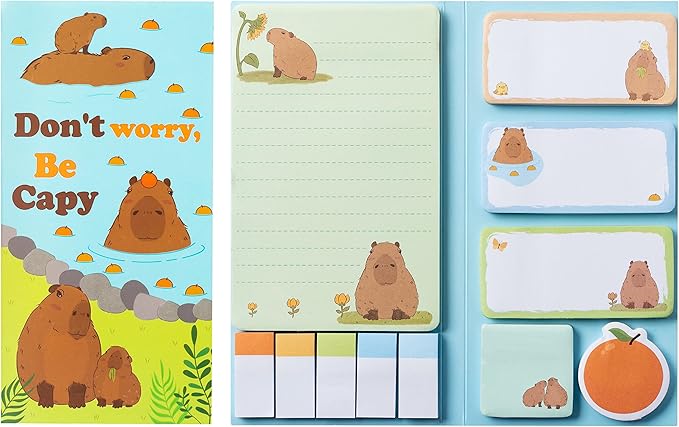 Don't Worry Be Capy Sticky Notes Set, 550 Sheets, Capybara and Orange Pattern Self-Stick Notes Pads Animal Divider Tabs Bundle Writing Memo Pads Back to School Office Supplies Small Gift