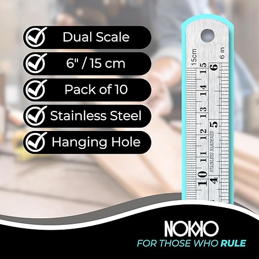 6 Inch Metal Ruler Bulk Set - 10-Pack of Compact 6 Inch / 15cm Stainless Steel Rulers - Precise Edge-Starting Imperial & Metric Measurements - Essential for Classrooms, Workshops, and Offices