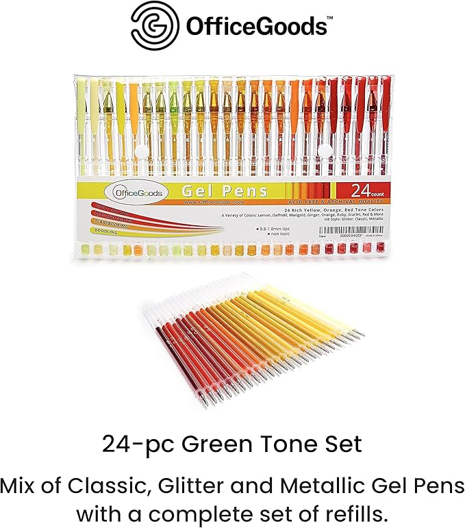 OfficeGoods Yellow Orange Red Gel Pens with Refills – Neon Journaling Art – Medium 0.8-1.0mm Tips – Non-Toxic Gel Pens Set – Quick Dry Smudge-Free 24 Pack Colors