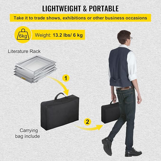 VEVOR Collapsible Literature Rack, Dual-Sided 6-Slot Leaflet Holder, Easy-to-Transport Brochure Stand with Travel Bag for Conferences and Office Use