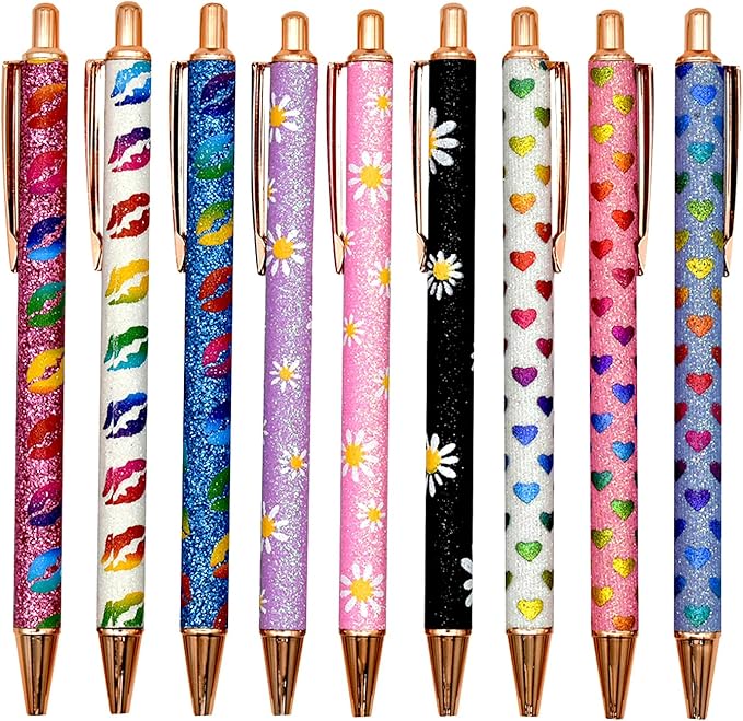 9 PCS Sparkle Glitter Heart Pens - Metal Daisy Flower Wedding Retractable Ballpoint Pens with Lip Print, Perfect for Women, Ladies, School, Party, Office, Valentine's Day, Birthday