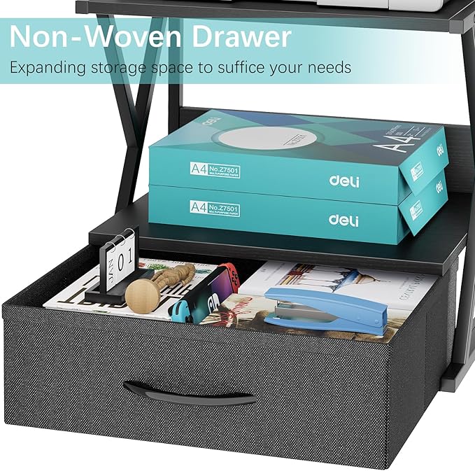 aboxoo Printer Stand for Desk with Storage Drawer, 2 Tier Desktop Or Under Desk Shelf, Multi-Purpose Desk Organizer for Home Office, fit Fax Machine/3D Printer/Scanner, Black