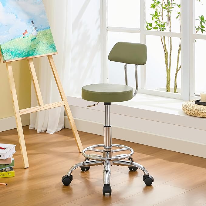 Height Adjustable Stool 19.5’’-26.6’’, Rolling Chair with Back and Footrest, Green Esthetician Stool Ergonomic (Green)