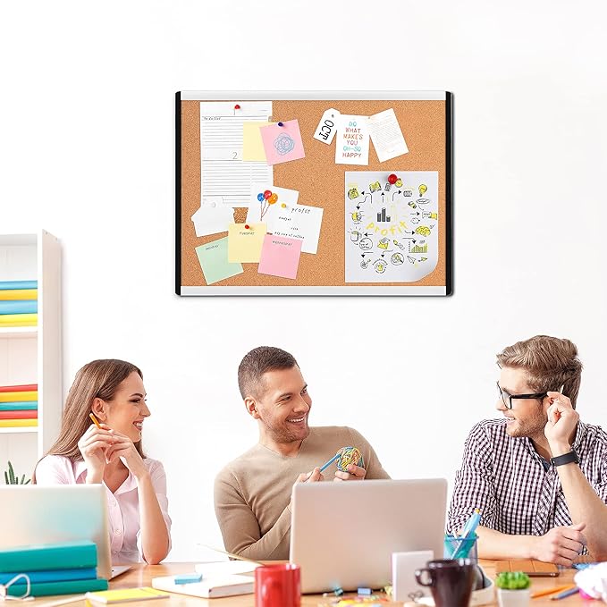Amazon Basics Cork BulletinBoard, 23" x 17", Pin Board for Office & Home with Aluminum/Plastic Frame, 1 Pack