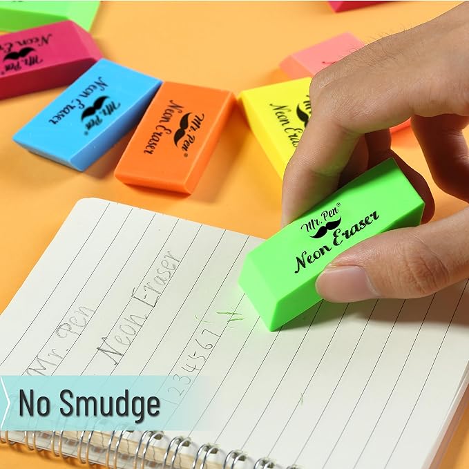 Mr. Pen- Pencil Eraser, 12 Pack, Neon Colors, Pencil Erasers for Drawing, Artist Eraser Pencil, Colorful Erasers for Kids