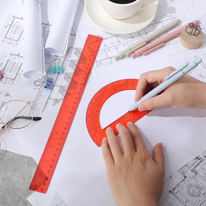 Zonon 2 Pack 12'' Plastic Ruler and 6'' Plastic Protractor Set Clear Ruler Protractor Set Math Geometry Supplies for School Classroom Home Office Drawing (Red)