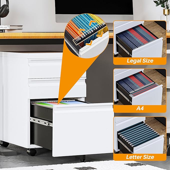 STANI Mobile File Cabinet with Lock Under Desk 3 Drawer Metal Filing Cabinet Locking Office Mobile Cabinet with Wheels Under Desk Office Drawers Rolling Mobile File Cabinet Fully Assembled