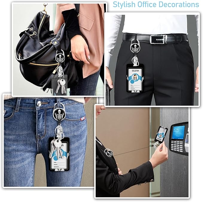 Lanyards for Id Badges, Funny Badge Holder with Retractable Badge Reel Clip, Skull Skeleton Rock Work Name Tag Keychain Lanyard Vertical ID Card Protector for Women Nurse Doctor Teacher Student