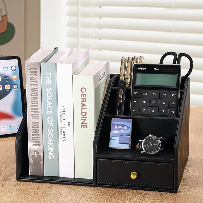 KINGFOM PU Leather Desk Organizer, Multifunction 6 Compartment Desk Organizers and Accessories for Office Supplies, Pen Pencil Holder/Book Mail Organizer Holder for Desk with Drawer(Black)