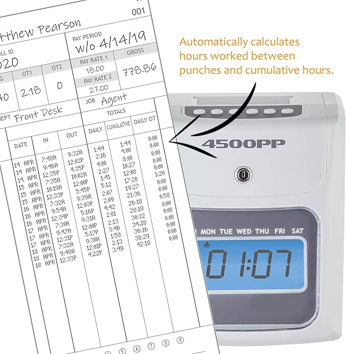 Nile Products - 4500PP Electronic Calculating Time Clock, Employees in/Out Time Tracker, Small Business Punch Pack Bundle Includes: 25 Time Cards,1 Ink Ribbon and 2 Security Keys