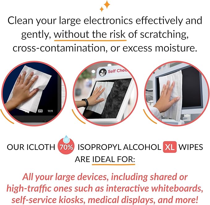 iCloth XL Screen Cleaning Wipes, Lint-Free and Streak-Free, Fast-Drying, Removes Dust, Fingerprints, and Smudges (100 XL Wipes)