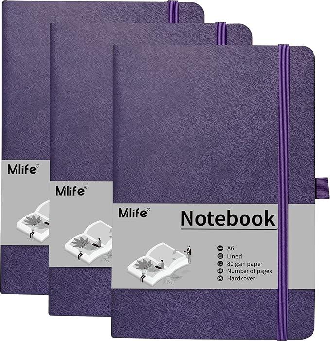 A6 Small Journal Notebook, Lined Pocket Notebook with Pen Holder, Mini Notebook Hardcover, 192 Pages, 3.9 inches * 5.5 inches Jurnal for Women and Man (3Pack Purple)