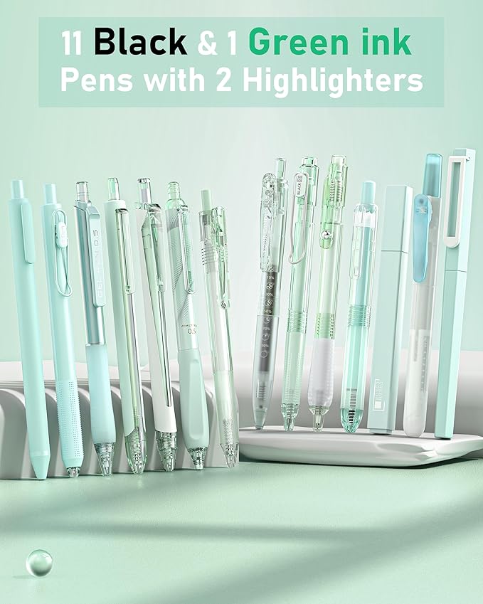 Four Candies 14Pack Pastel Gel Ink Pen Set,Cute Retractable 0.5mm Fine Point Pen,Note Taking Aesthetic Pens,12 Pack Black Ink Pens with 2Pack Highlighter, Smooth Writing Pens for School, Office(Green)