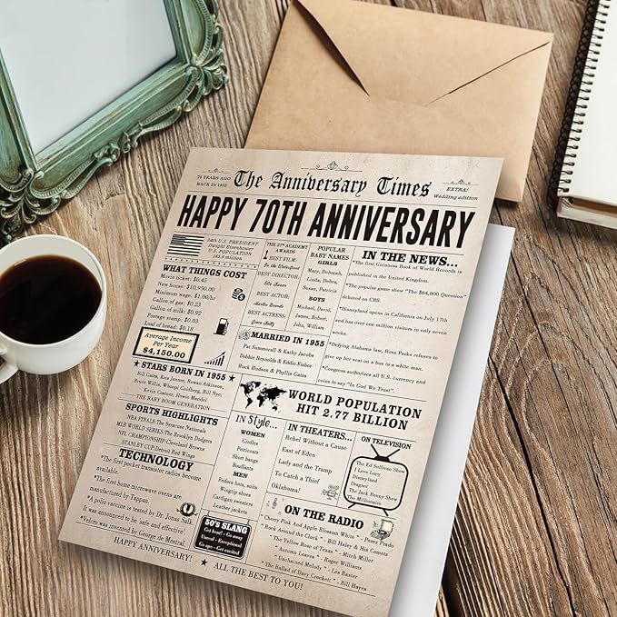 Big 70th Anniversary Card for Husband Wife, Retro 70 Year Anniversary Card for Parents, Vintage 70th Wedding Together Gift for Her Him