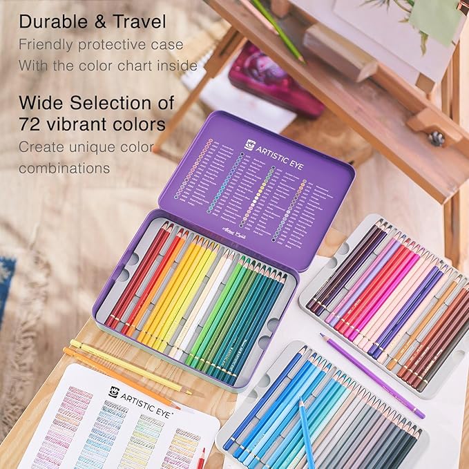 ARTISTIC EYE Premium Colored Pencils | Set of 72, Quality 3.8mm Soft Core Leads, Rich & Vibrant Colors, Blendable, Perfect for Beginner & Advanced Artists