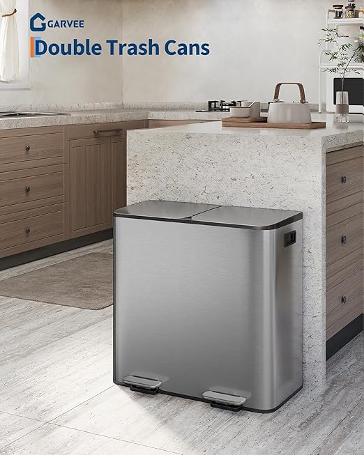 GarveeHome 2 x 10.6 Gallon Stainless Steel Double Trash Can with Lid for Kitchen, Large Dual Trash and Recycle Bin Combo, Step-on Kitchen Metal Garbage Cans, PP Inner Buckets, Liner Rim, Matte Grey
