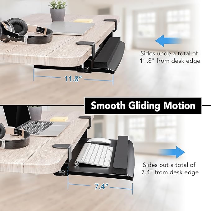 EHO Clamp-On Retractable Adjustable Keyboard Tray, Under Desk Ergonomic Keyboard Tray - Easy Tool-Free Install - Small with Wrist Rest 20" (24.8" Including Clamps) x 11.5" for Enhanced Typing Comfort