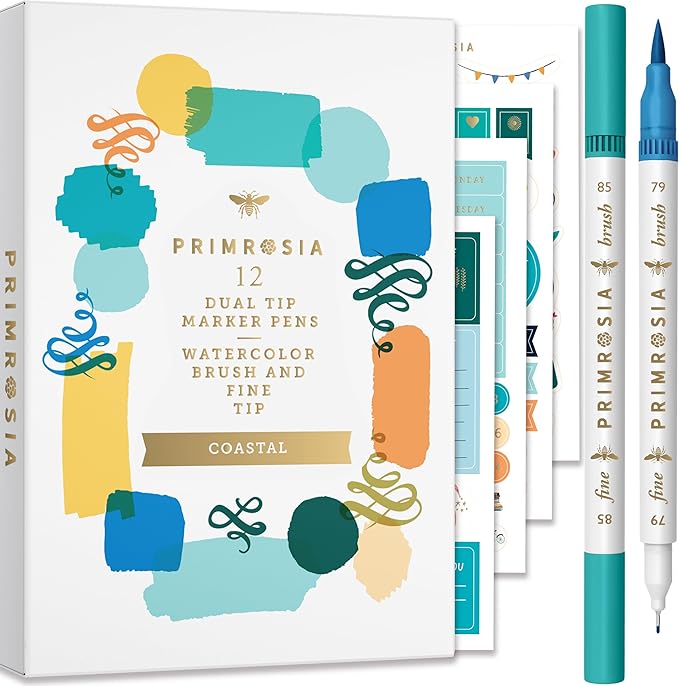 Primrosia 12 Dual Tip Watercolor Marker Pens - Fine Tip & Brush Tips, Professional Quality, 4 x Sticker Sheets, Blendable, Non-Toxic, Perfect for Calligraphy, Drawing & Coloring. (Coastal)