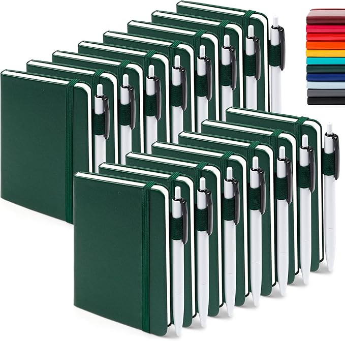 feela 15 Pack Pocket Small Notebooks Bulk, Mini Cute Notepads Hardcover College Ruled Lined Journals with Pen Holder for School Business Memos, with 15 Black Pens, 3.5”x 5.5”, A6, Dark Green