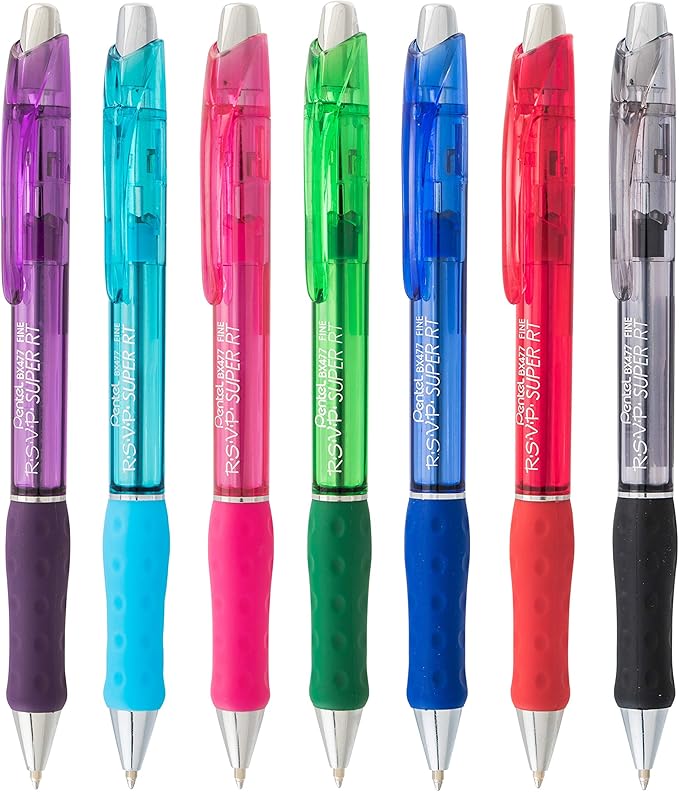 Pentel RSVP Super RT Ballpoint Pen, (0.7mm) Fine Line, Assorted Ink, (DPSV), 4-pk - BX477BP4M1