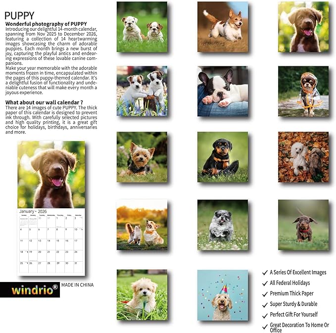 2026 Wall Calendar,Calendar 2026, November 2025 - December 2026, Wall Calendar Puppy Dog, 12" x 24" Opened,Full Page Months Thick & Sturdy Paper for Calendar Organizing & Planning