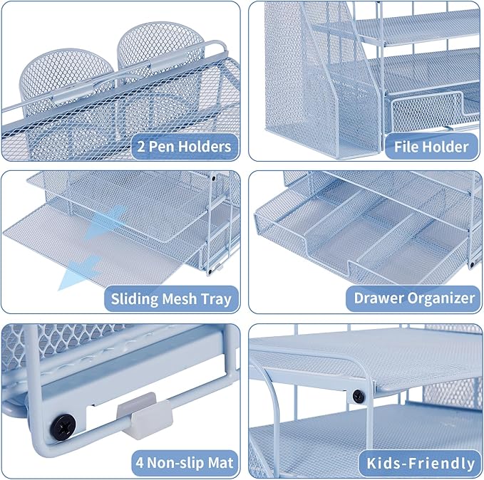 Desk Organizers and Accessories, Desk Accessories & Workspace Organizers for Office Supplies, File Organizer Desk Drawer Organizer with 2 Pen Holders, 4 Tier Paper Organizer for Desk(Blue)
