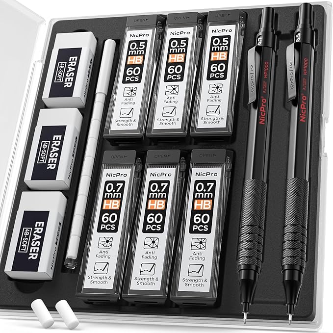 Nicpro 2 PCS Mechanical Pencil 0.5mm & 0.7 mm with Case, MP1000 Metal Artist Pencil Set with 4 Tubes HB Lead Refills, 2 Erasers, 9 Eraser Refills For Art Writing Drafting, Drawing, Sketch, Black
